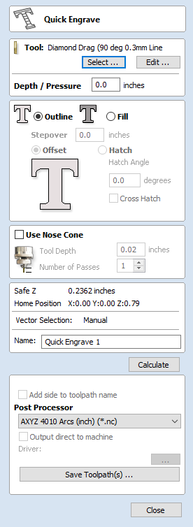 Quick Engraving Toolpath Form