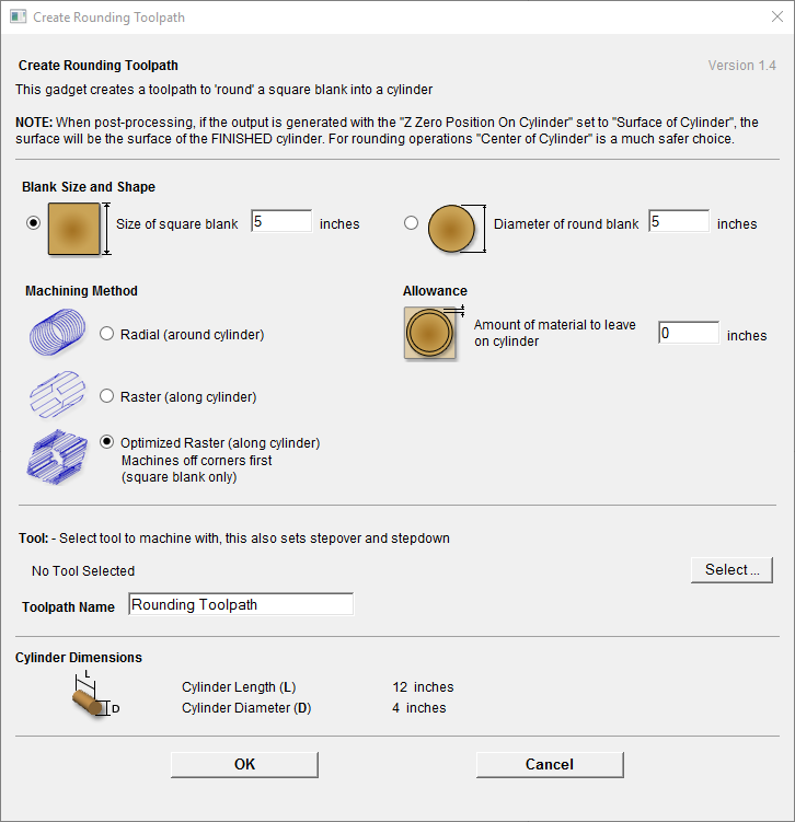 Create Rounding Toolpath Gadget form